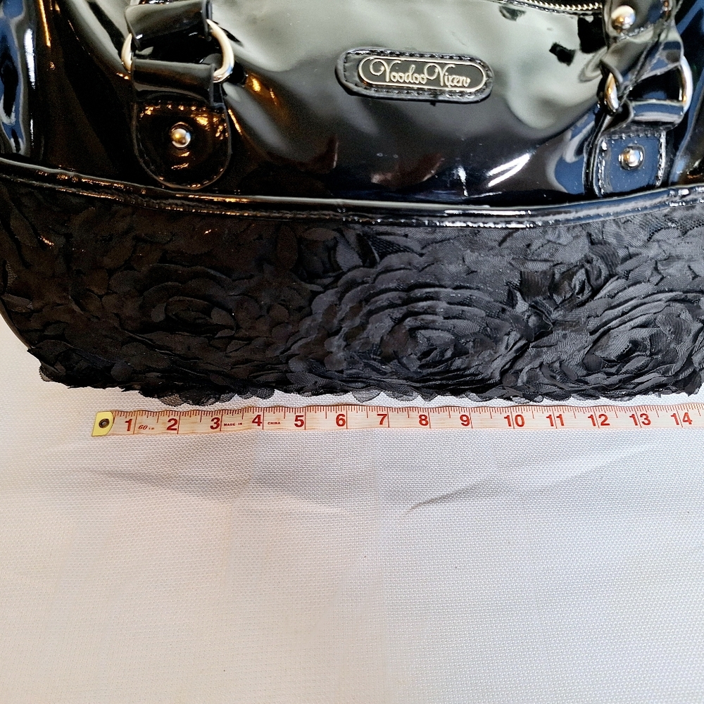 Voodoo Vixen Black Floral Satin & Patent Satchel - Picture 9 of 16